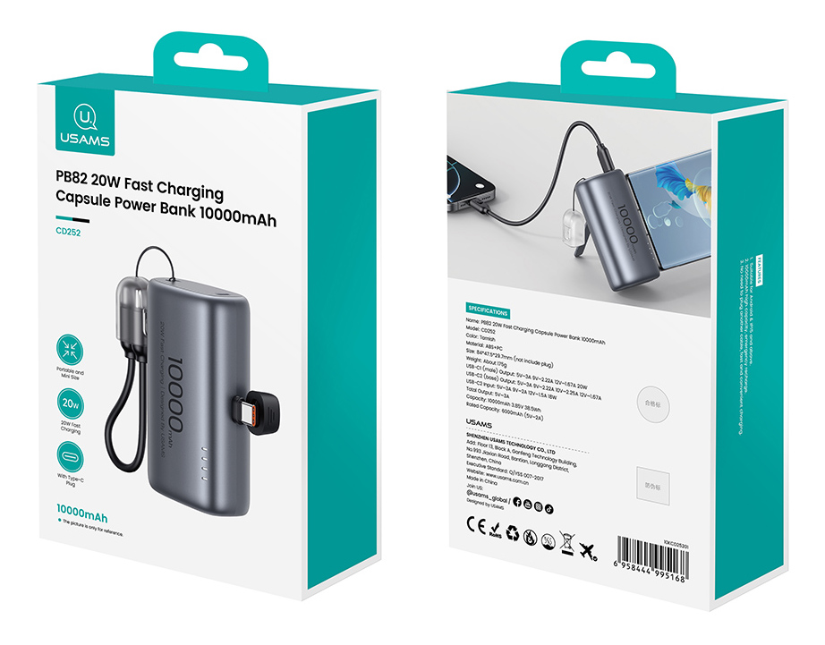 USAMS power bank CD252 με stand, 2x θύρες εξόδου, 10000mAh, 20W, γκρι - Image 7