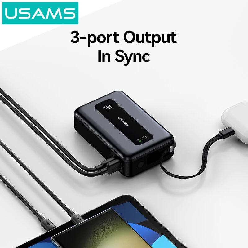 USAMS power bank CD243 με καλώδιο USB-C, 2x θύρες εξόδου, 20000mAh, 65W, γκρι - Image 2