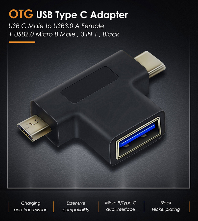 CABLETIME αντάπτορας USB σε USB-C & micro USB CT-3IN1-AB, 5Gbps, μαύρος - Image 2