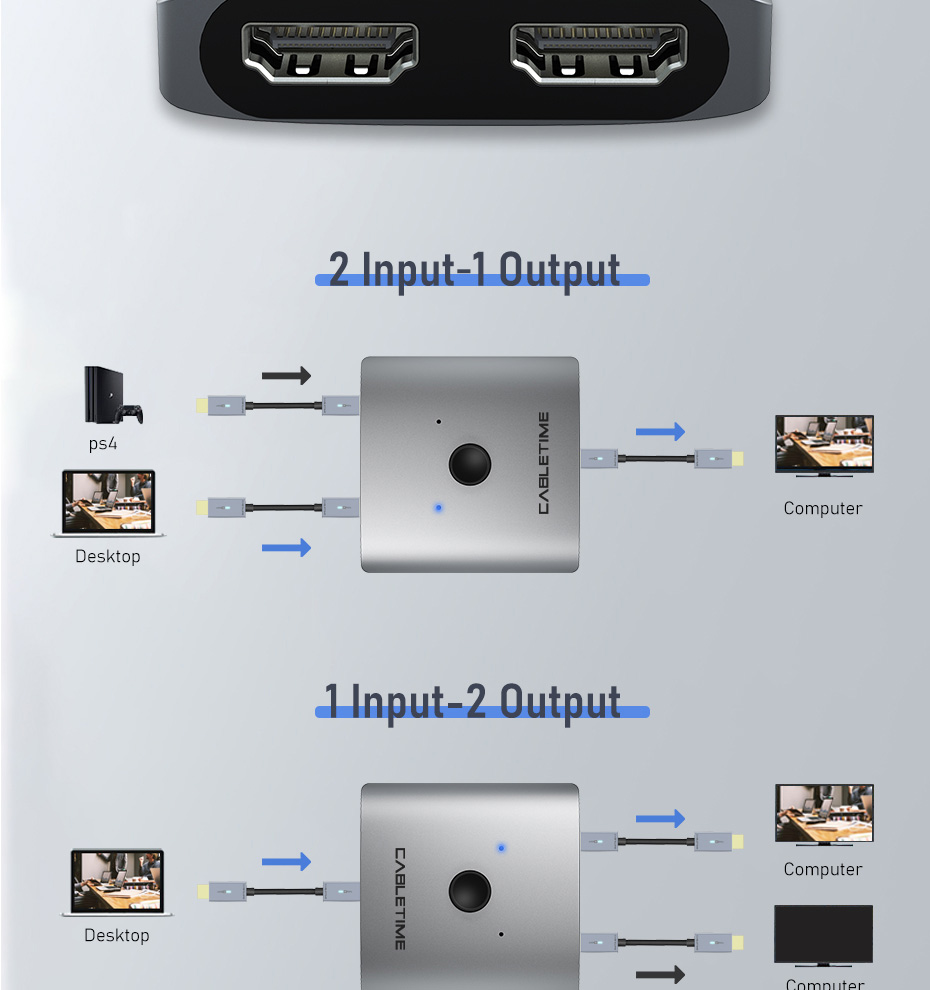 CABLETIME HDMI switch CT-HS4K, 2 σε 1, 4K, bidirectional, γκρι - Image 2