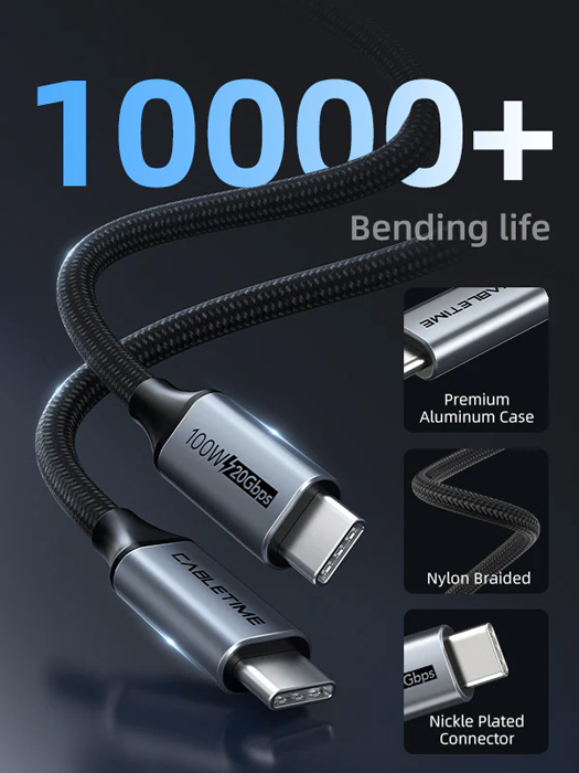 CABLETIME καλώδιο USB-C CT-CMCM2, USB 3.1, 100W, 20Gbps, 4K, 1.5m, μαύρο - Image 3