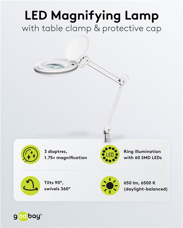 GOOBAY μεγεθυντικός φακός 60361 με σφιγκτήρα, LED, 3 διόπτρες, λευκός - Image 4
