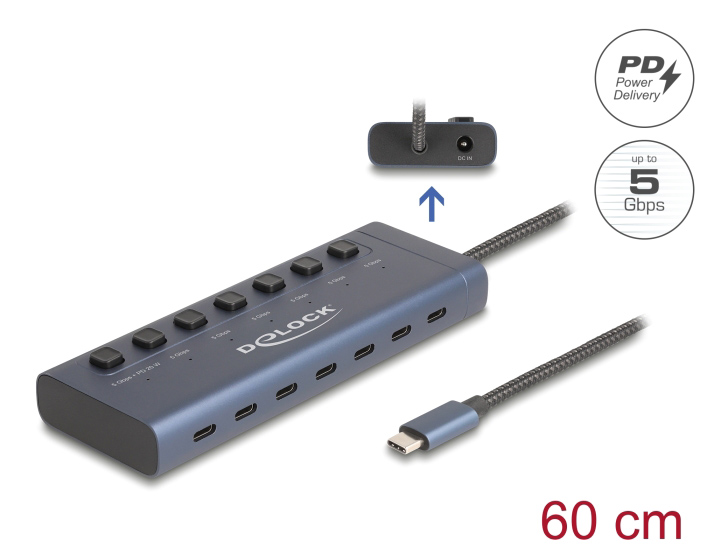 DELOCK USB-C hub 63410 με διακόπτες, 7x θυρών, 5Gbps, 20W, USB-C σύνδεση, μπλε - Image 3