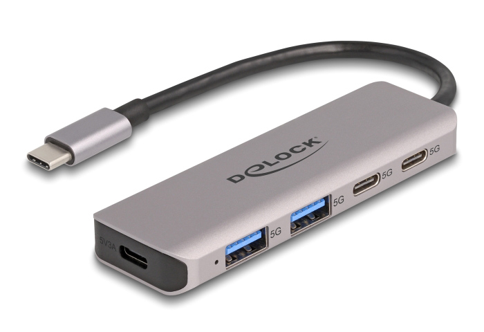 DELOCK USB hub 64239, 4x θυρών, 5Gbps, USB-C σύνδεση, γκρι