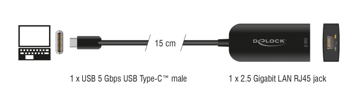DELOCK αντάπτορας δικτύου 66046, USB-C, 2.5Gbps Ethernet, μαύρος - Image 2
