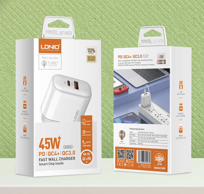 LDNIO φορτιστής τοίχου A2526C με καλώδιο, USB & USB-C, 45W PD, λευκός - Image 7