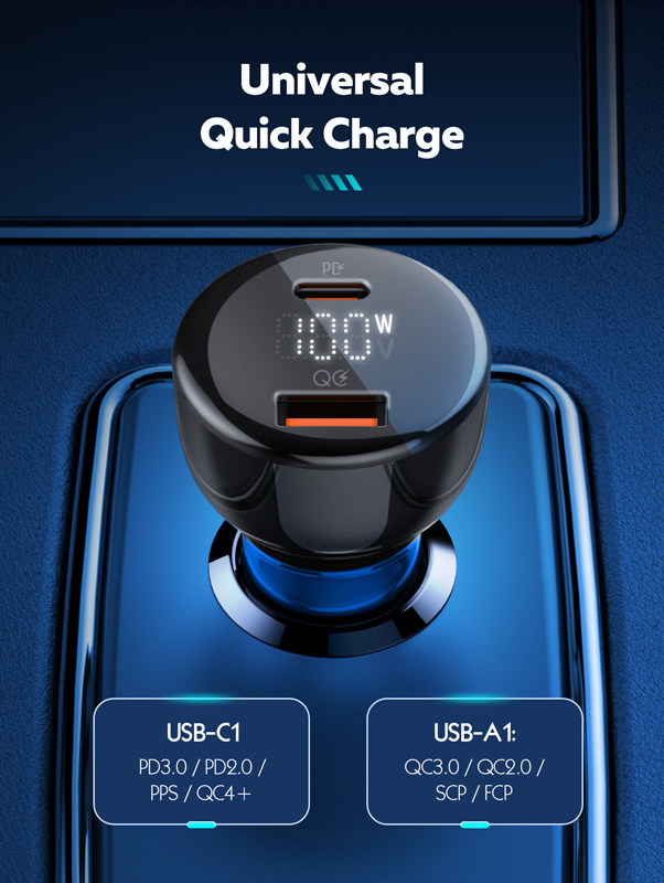 LDNIO φορτιστής αυτοκινήτου C101 με καλώδιο, USB/USB-C, 100W PD, μαύρος - Image 3