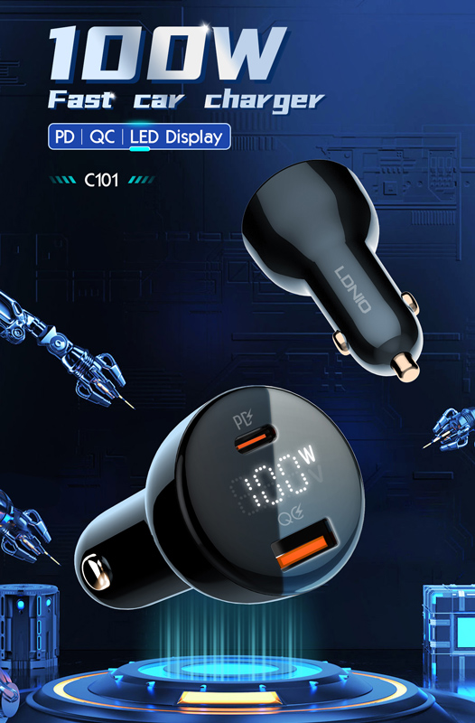 LDNIO φορτιστής αυτοκινήτου C101 με καλώδιο, USB/USB-C, 100W PD, μαύρος - Image 9