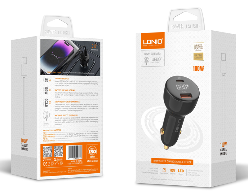 LDNIO φορτιστής αυτοκινήτου C101 με καλώδιο, USB/USB-C, 100W PD, μαύρος - Image 10