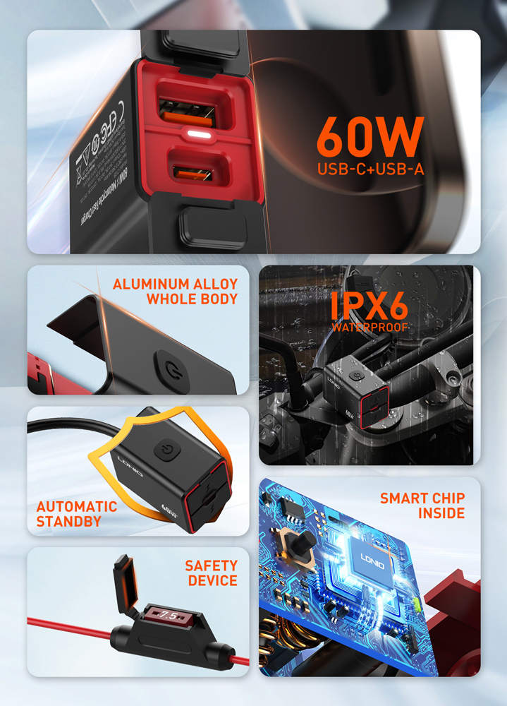 LDNIO φορτιστής μοτοσυκλέτας C108 με καλώδιο, USB/USB-C, 60W, μαύρος - Image 5
