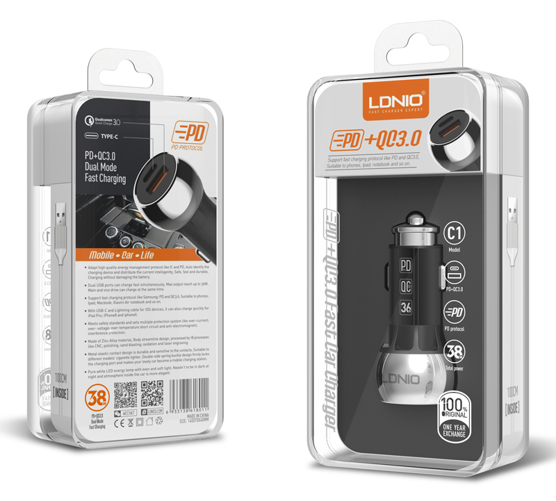 LDNIO φορτιστής αυτοκινήτου C1 με καλώδιο, USB & USB-C, 38W PD, μαύρος - Image 6