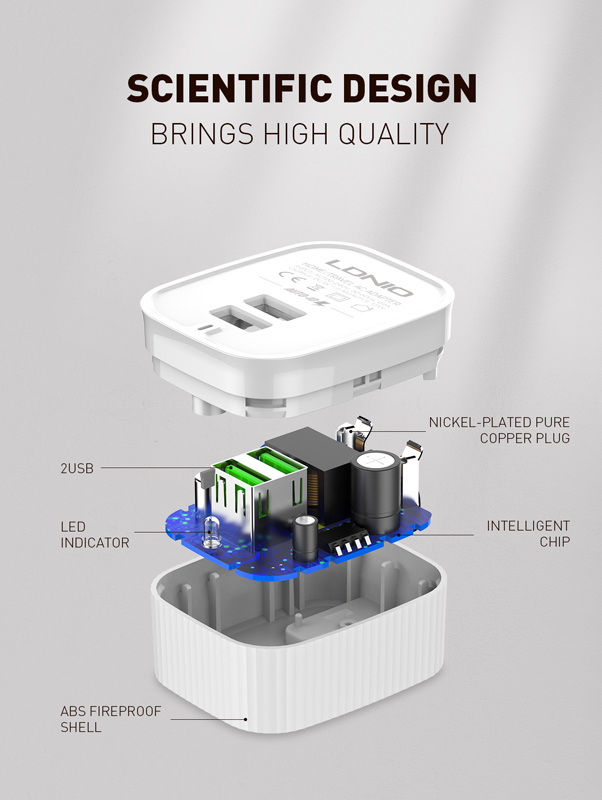 LDNIO φορτιστής τοίχου A201 με καλώδιο USB-C, 2x USB, 12W, λευκός - Image 4