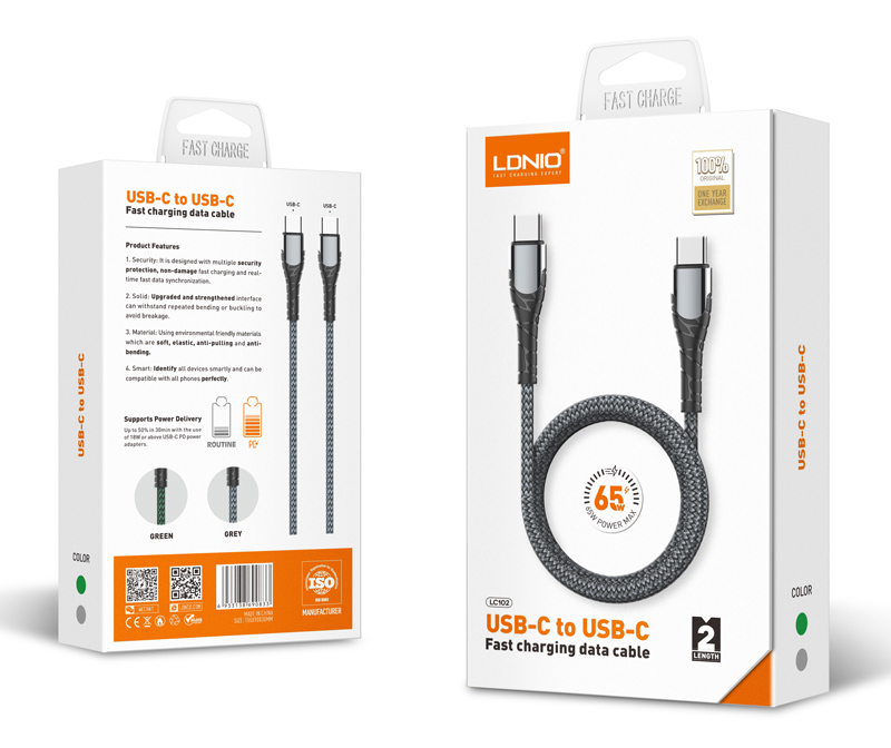 LDNIO καλώδιο USB-C σε USB-C LC102, 65W PD, 2m, γκρι - Image 6