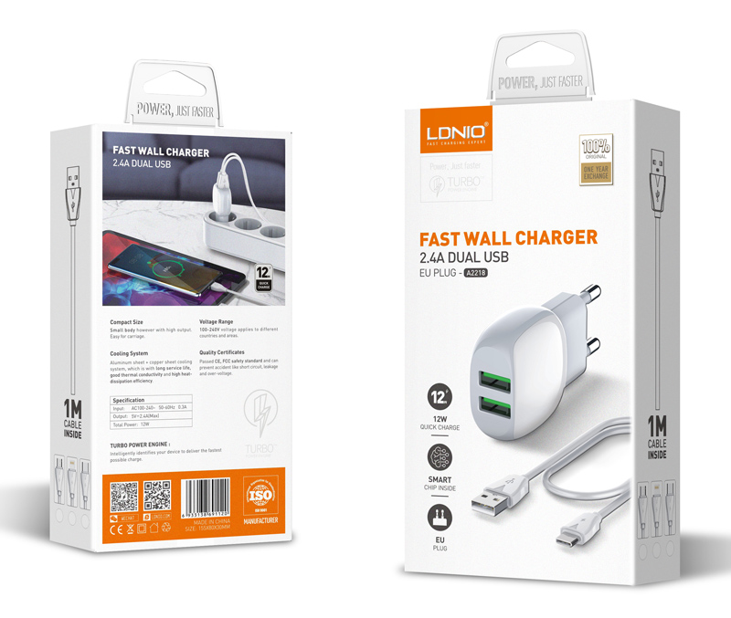 LDNIO φορτιστής τοίχου A2218 με καλώδιο USB-C, 2x USB, 12W, λευκός - Image 6