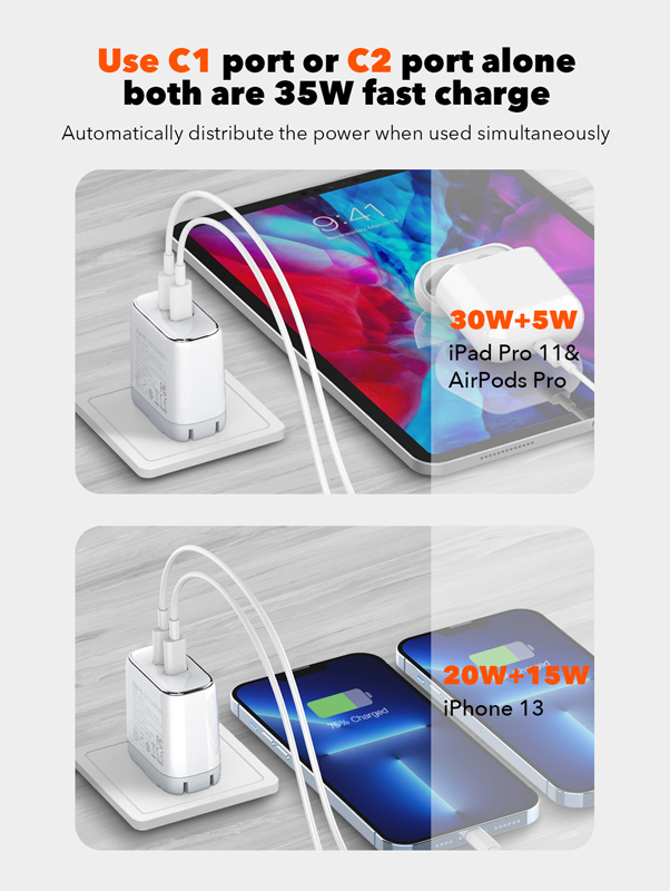 LDNIO φορτιστής τοίχου A2528M με καλώδιο, 2x USB-C, 35W, MFi, λευκό - Image 4