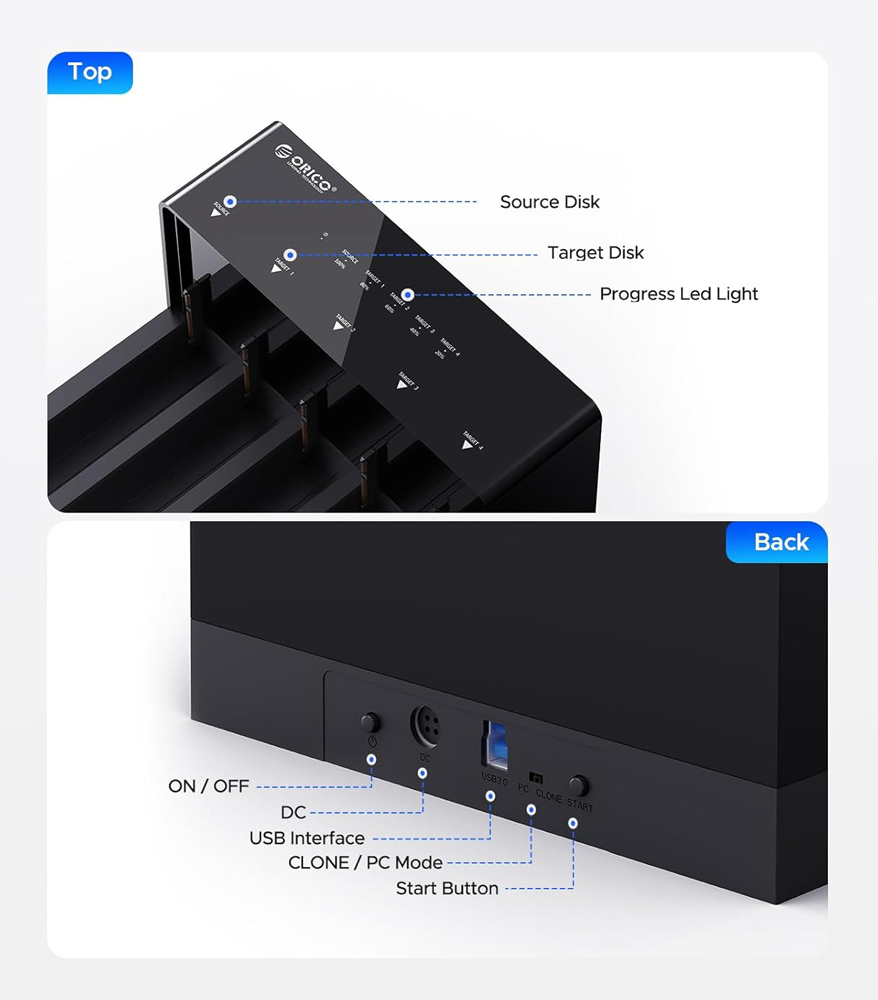 ORICO docking station για 2.5" ή 3.5" SATA HDD/SSD 6558US3-C, 5 θέσεων, 5Gbps, clone function, μαύρο - Image 4