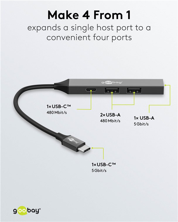 GOOBAY USB hub 74459, 4x θυρών, USB 3.2, 5Gbps, USB-C σύνδεση, γκρι - Image 3
