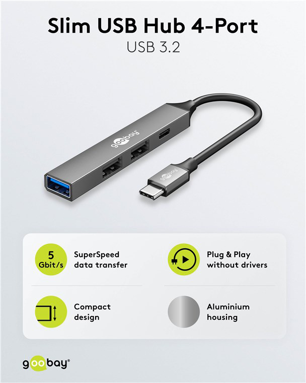 GOOBAY USB hub 74459, 4x θυρών, USB 3.2, 5Gbps, USB-C σύνδεση, γκρι - Image 5