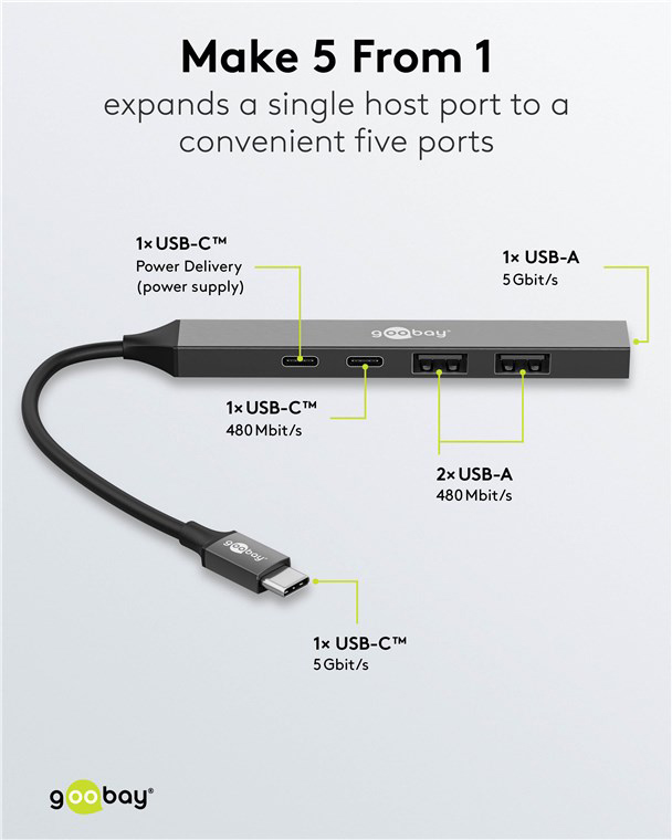 GOOBAY USB hub 74460, 5x θυρών, USB 3.2, 5Gbps, 100W, USB-C σύνδεση, γκρι - Image 3