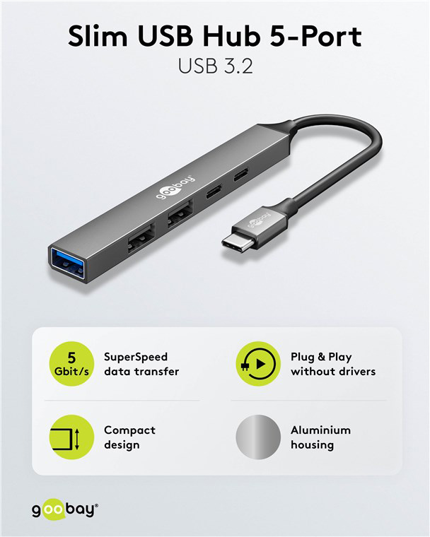 GOOBAY USB hub 74460, 5x θυρών, USB 3.2, 5Gbps, 100W, USB-C σύνδεση, γκρι - Image 5