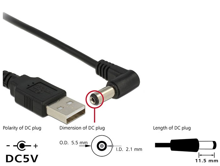 DELOCK καλώδιο USB σε DC 5.5 x 2.1mm 83578, γωνιακό, 1.5m, μαύρο - Image 2