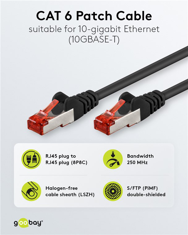 GOOBAY καλώδιο δικτύου 92459, CAT 6 S/FTP, copper, 250MHz, 0.15m, μαύρο - Image 2