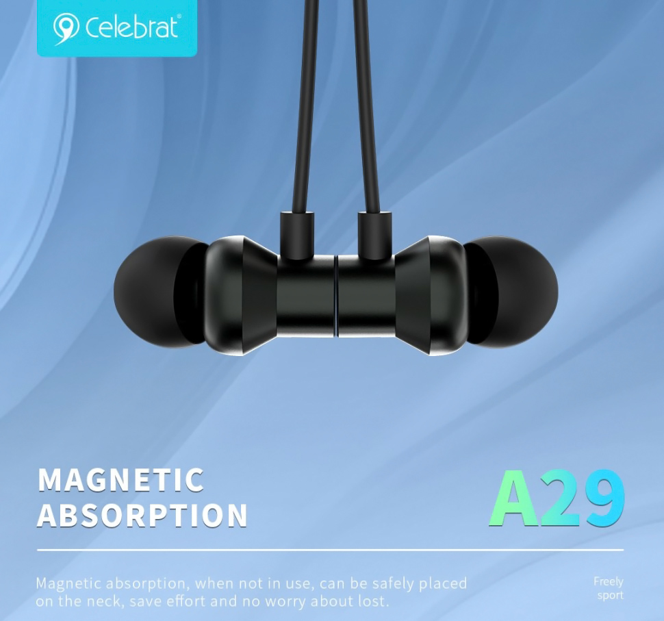 CELEBRAT earphones A29 με μαγνήτη, Bluetooth, 10mm, 80mAh, μαύρα - Image 2