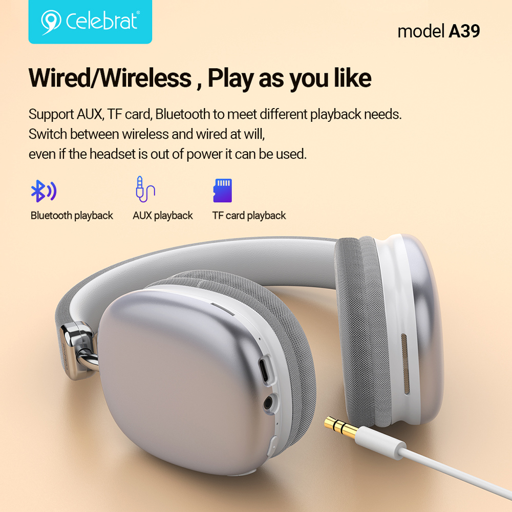CELEBRAT headphones A39, ασύρματα & ενσύρματα, micro SD, 40mm, 400mAh, μαύρα - Image 2