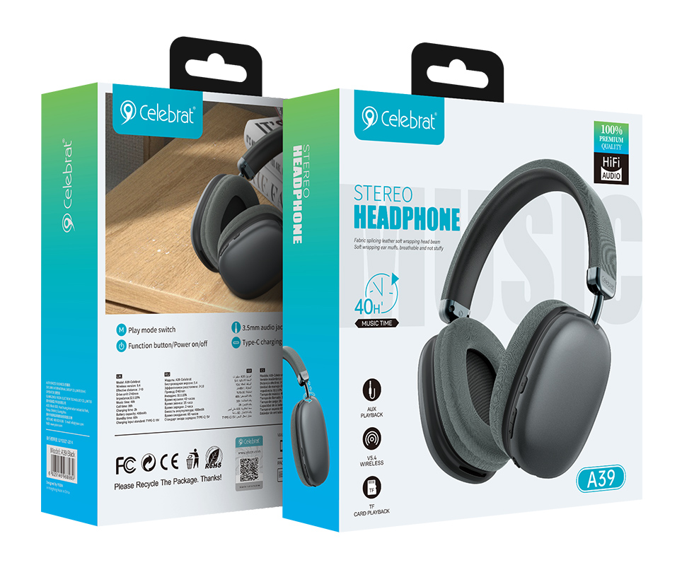 CELEBRAT headphones A39, ασύρματα & ενσύρματα, micro SD, 40mm, 400mAh, μαύρα - Image 4