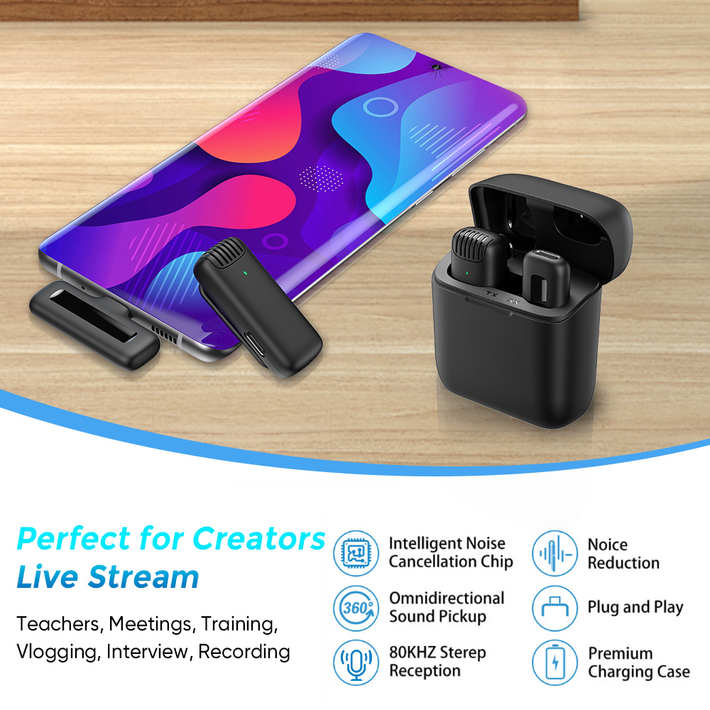 APEXEL ασύρματο μικρόφωνο APL-MIC007 με θήκη φόρτισης, USB-C, 2.4GHz, μαύρο - Image 3