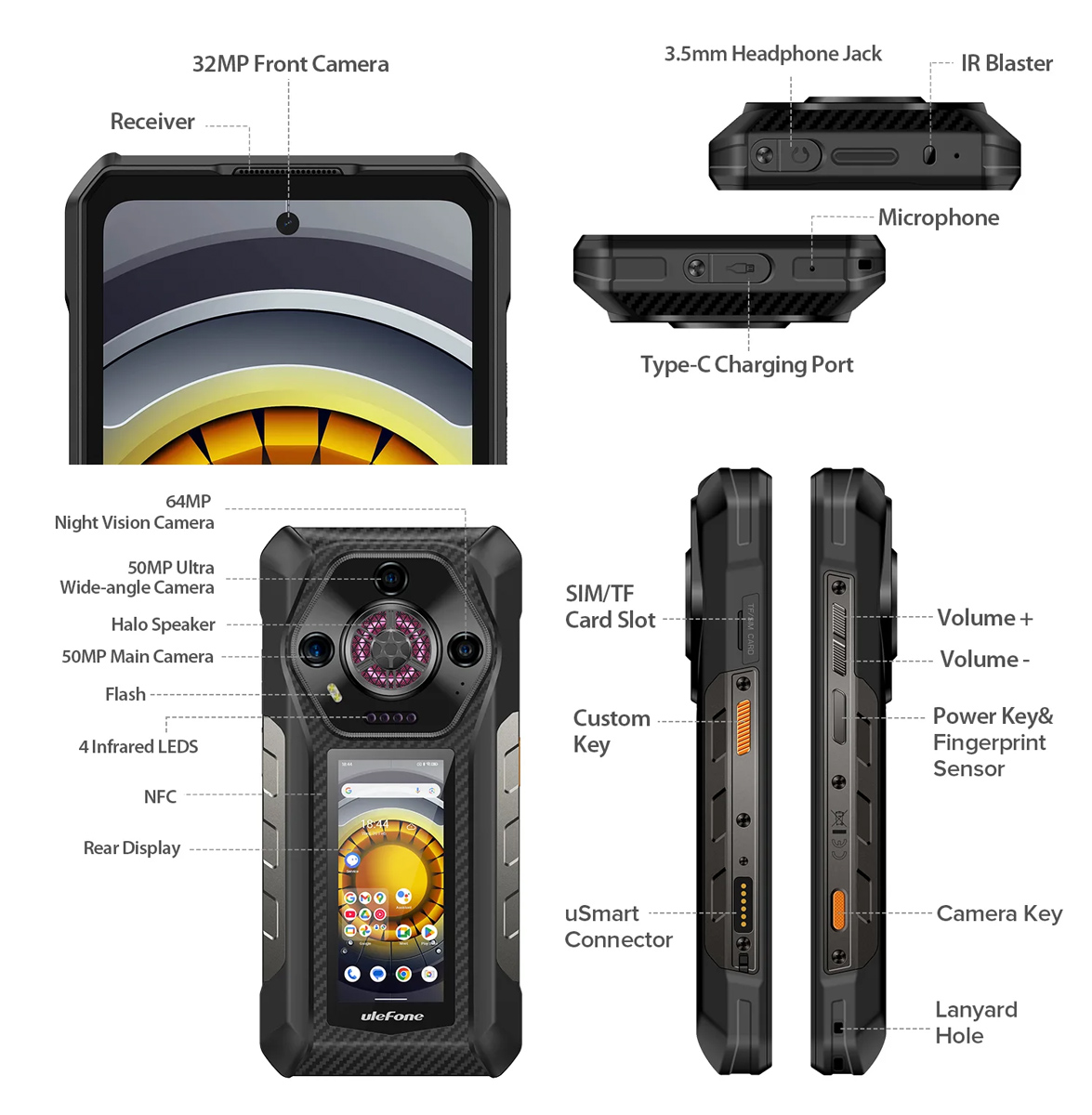 ULEFONE smartphone Armor 30 Pro, 6.95" & 3.4", 16/512GB, 5G, 12800mAh, IP68/IP69K, μαύρο - Image 5