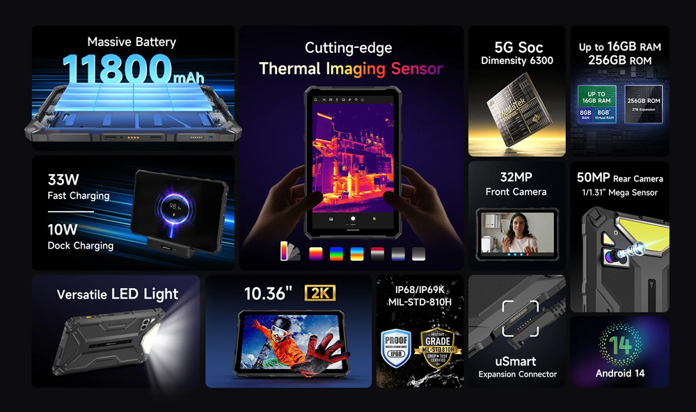 ULEFONE tablet Armor Pad 4 Ultra Thermal, 10.36", 8/256GB, 11800mAh, IP68/IP69K, 5G, μαύρο - Image 13