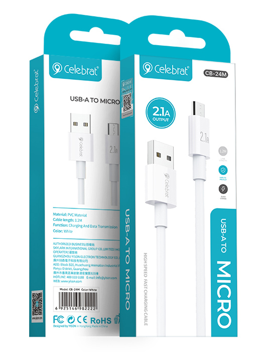 CELEBRAT καλώδιο Micro USB σε USB CB-24M, 2.1A, 1.2m, λευκό - Image 3