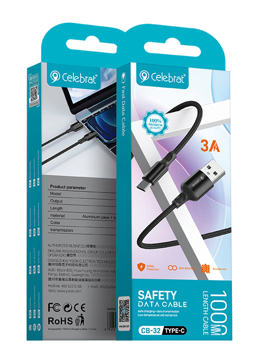 CELEBRAT καλώδιο USB-C σε USB CB-32, 3A, 1m, μαύρο - Image 3