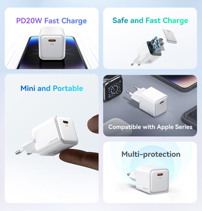 USAMS φορτιστής τοίχου US-CC183, USB-C θύρα εξόδου, 20W PD, μωβ - Image 3