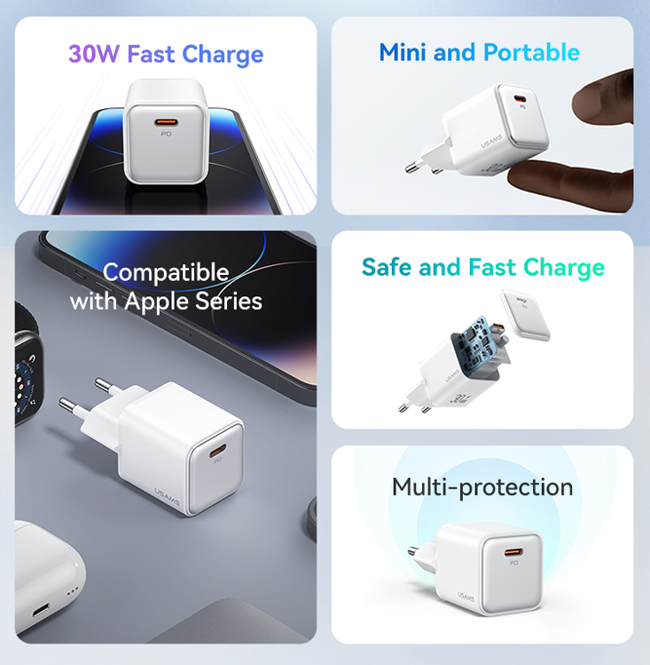 USAMS φορτιστής τοίχου US-CC186, USB-C θύρα εξόδου, 30W PD, μωβ - Image 3