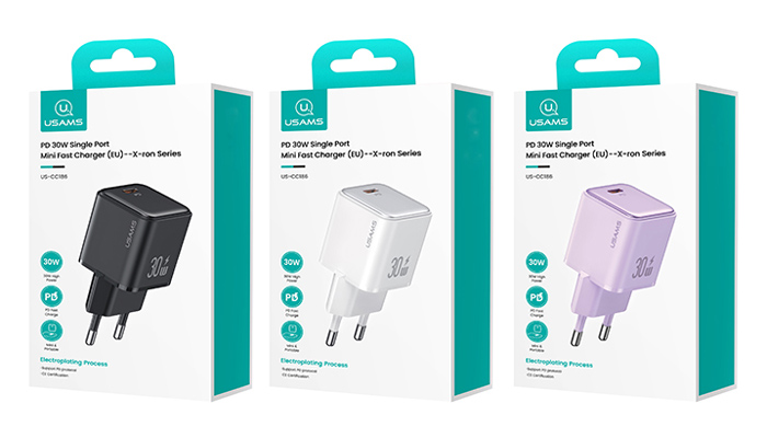 USAMS φορτιστής τοίχου US-CC186, USB-C θύρα εξόδου, 30W PD, μωβ - Image 4
