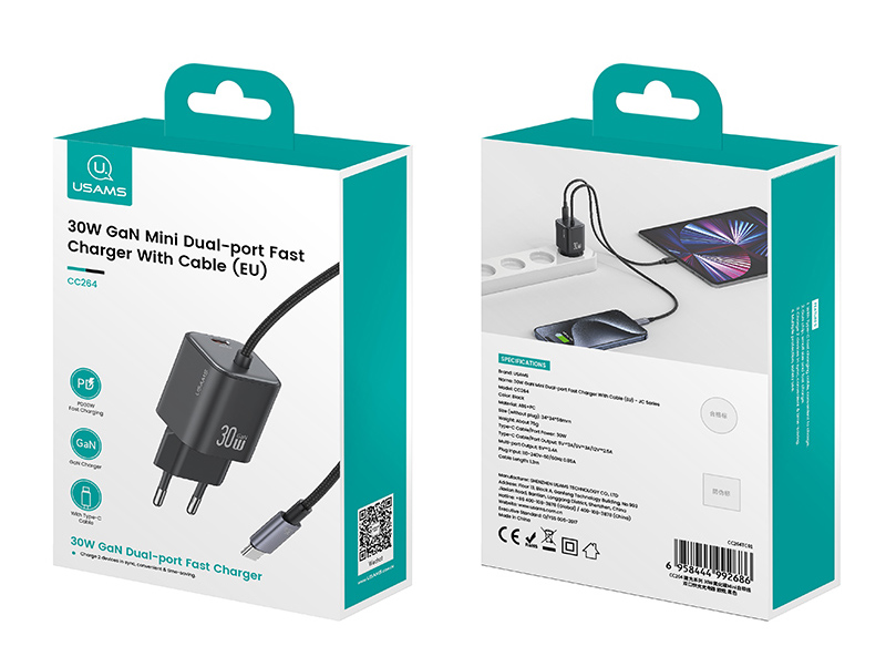 USAMS φορτιστής τοίχου CC264 με καλώδιο, USB-C, 30W, GaN, μαύρος - Image 5