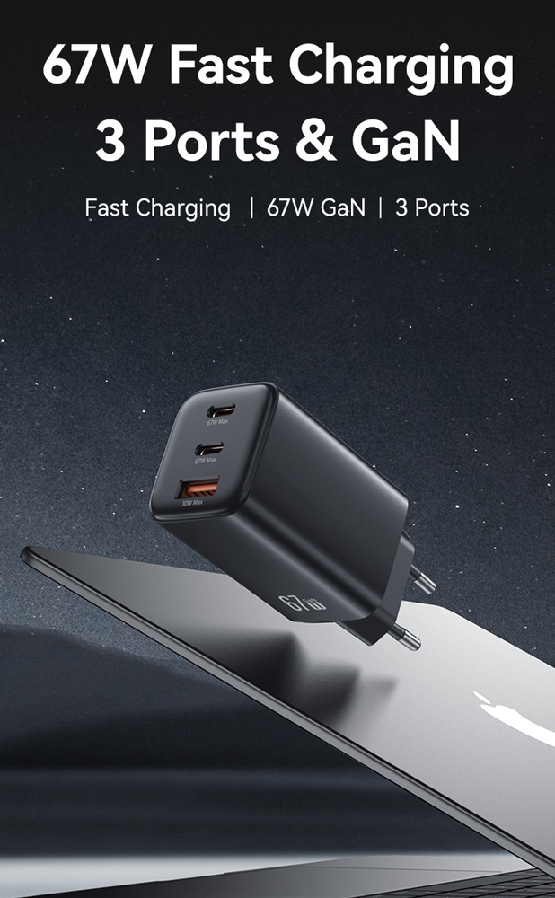 USAMS φορτιστής τοίχου CC265, USB & 2x USB-C, 67W, GaN, μαύρος - Image 2