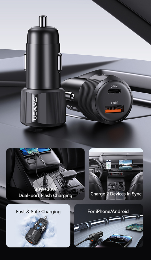 USAMS φορτιστής αυτοκινήτου CC283, USB & USB-C, 60W, μαύρος - Image 3