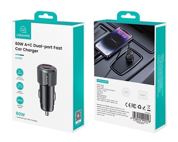 USAMS φορτιστής αυτοκινήτου CC283, USB & USB-C, 60W, μαύρος - Image 5