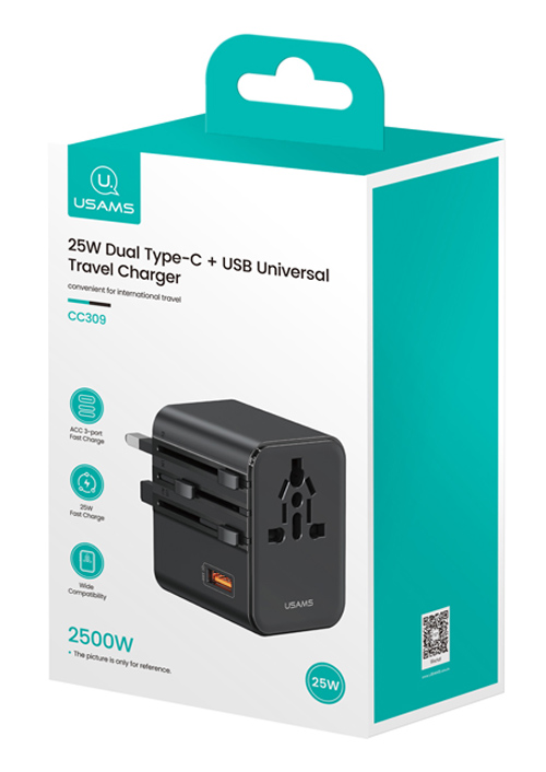 USAMS φορτιστής/αντάπτορας πρίζας CC309, USB & 2x USB-C, universal, 25W, μαύρος - Image 9