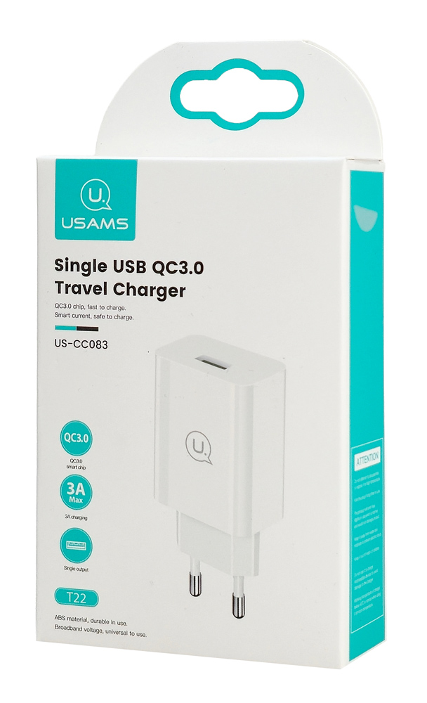 USAMS φορτιστής τοίχου T22, 1x USB, QC3.0 18W 3A, λευκός - Image 4