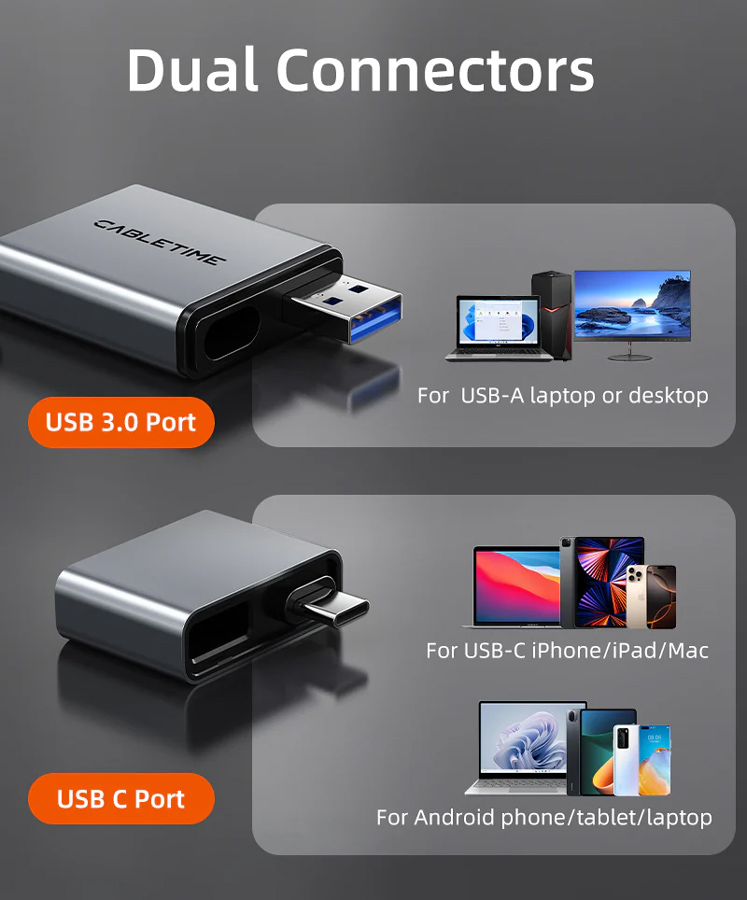 CABLETIME card reader CT-ACCD3-AG για SD & micro SD, USB 3.0, 5Gbps, γκρι - Image 2