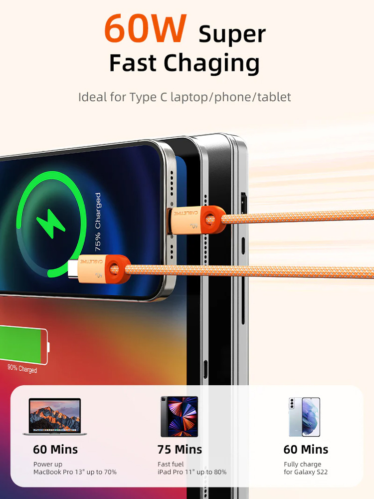 CABLETIME καλώδιο USB-C CT-CM60-PBL, 60W PD, 480Mbps, 0.25m, μπλε - Image 2