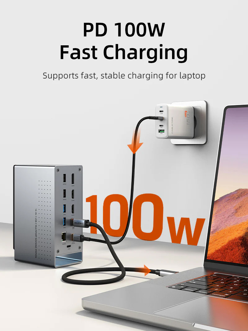 CABLETIME docking station CT-DK181-AG, 16 θυρών, USB-C σύνδεση, 100W PD, 1000Mbps, MST, γκρι - Image 4