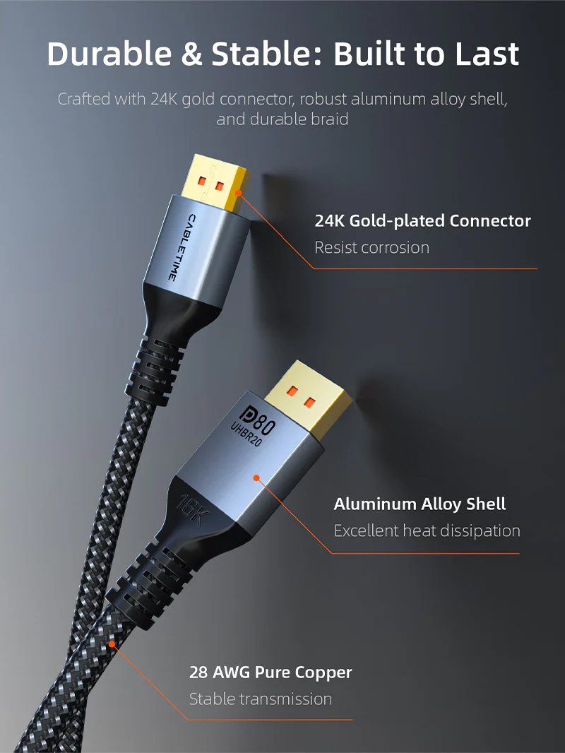 CABLETIME καλώδιο DisplayPort 2.1 CT-DP16K, VESA Certified, 16K/60Hz, 80 Gbps, 2m, μαύρο - Image 2