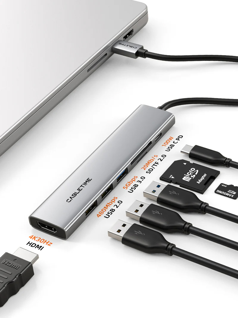 CABLETIME docking station CT-HBP2-AG7, 7 θυρών, USB-C, 4K, 100W, γκρι - Image 2