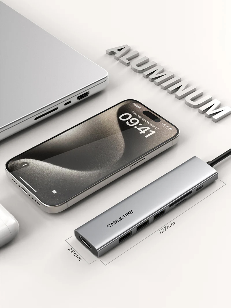 CABLETIME docking station CT-HBP2-AG7, 7 θυρών, USB-C, 4K, 100W, γκρι - Image 7