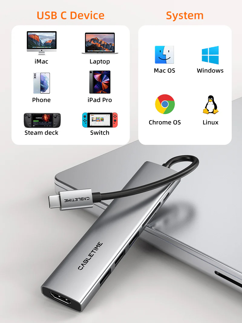 CABLETIME docking station CT-HBP2-AG7, 7 θυρών, USB-C, 4K, 100W, γκρι - Image 8